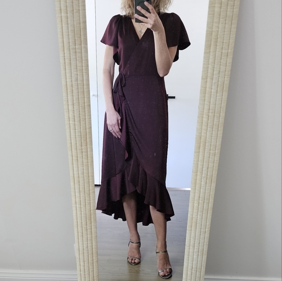 Chelsea28 Nordstrom Womens Midi Ruffle Wrap Dress in Burgundy Stem - Picture 1 of 5